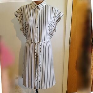 Maurices Womens Black White Striped Button Front Shirt Dress Belted Size M